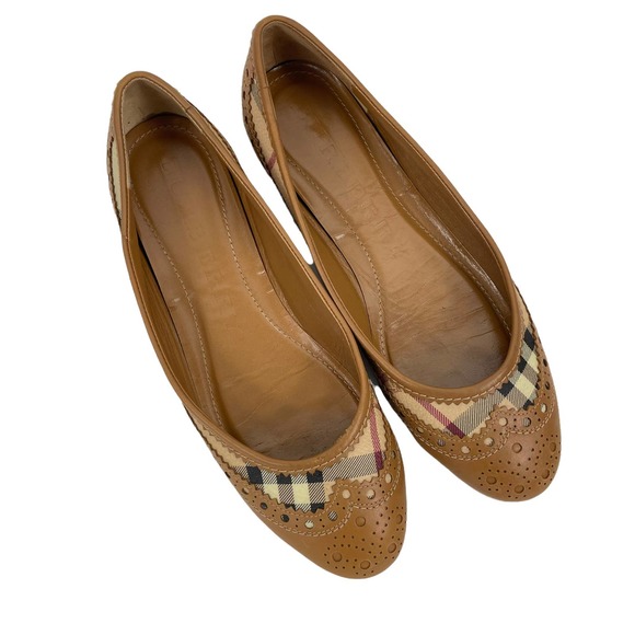 Burberry Haymarket Brogue Nova Check Ballet Flats Tudor Brown Size 37.5 - Picture 1 of 9